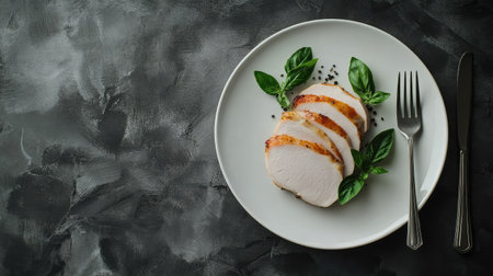 Elegant food presentation turkey breast ham slices on a white ceramic plate, garnished with basil leaves. Gray table setting, top view with copy space.の素材