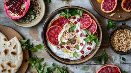 Creamy labneh with sumac spice, pomegranate, roasted beetroot, and grapefruit slices, served with fresh herbs and warm pita.の素材