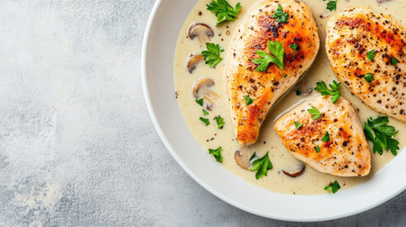 Creamy garlic mushroom chicken breast, garnished with fresh parsley, served in a white dish on a neutral gray concrete backdrop.の素材