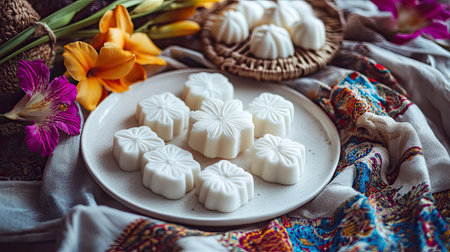 Beautifully shaped Med Kanun sweets, served on a white plate, surrounded by fresh tropical flowers and traditional Thai fabrics.の素材