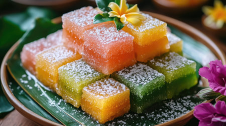 A traditional Thai dessert Aalaw candy in pink, green, and yellow pastel shades, served on a ceramic plate with fresh flowers.の素材