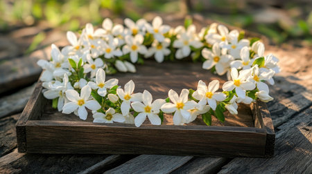 A traditional Thai white jasmine flower garland, delicately crafted and placed on a wooden tray, symbolizing respect and elegance.の素材