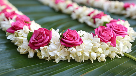 A jasmine flower garland with soft white petals and vibrant roses, resting on a banana leaf with a clean and minimalist backdrop.の素材