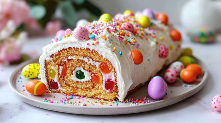 Elegant carrot roll cake with smooth frosting, adorned with pastel chocolate eggs, vibrant jelly carrots, and sugar sprinkles, cozy Easter settingの素材