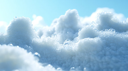 Close-up of soapy bubbles clustered together, forming foam on a smooth blue background, symbolizing cleanliness.の素材