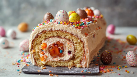 Easter-themed carrot roll cake with creamy frosting, decorated with mini chocolate eggs, vibrant carrot jelly, and festive sprinkles, concrete backgroundの素材
