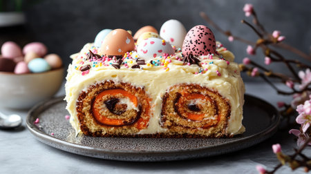 Easter carrot roll cake with cream cheese frosting, topped with chocolate eggs, carrot jelly, and sugar sprinkles, festive dessert on concrete backgroundの素材