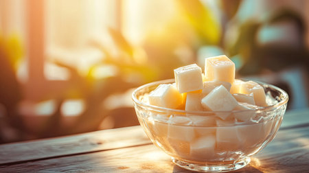 Close-up of mini cube coconut gel in syrup, glistening under soft natural light, served in a glass bowl on a wooden table.の素材