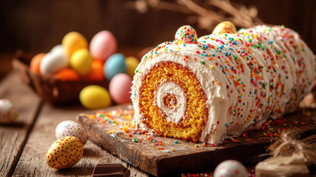 Elegant holiday dessert featuring a classic carrot roll cake with swirled frosting, decorated with festive sprinkles and chocolate eggs, rustic backgroundの素材