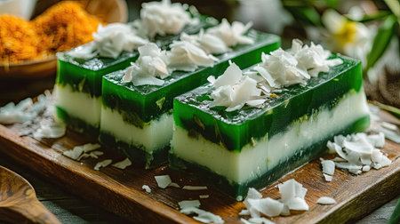 Close-up of pandan coconut jelly dessert, vibrant green and white layers, garnished with coconut and pandan leaves on a rustic wooden table.の素材