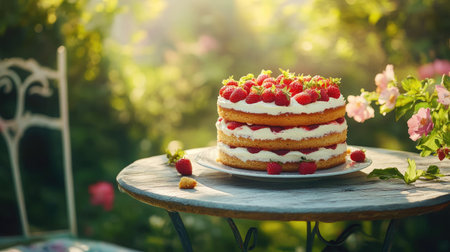Festive strawberry cake with layers of vanilla sponge, smooth cream cheese, and juicy strawberries, set on a summer garden tableの素材