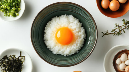 Minimalist top-down view of tamago kake gohan, egg yolk centered perfectly on rice, surrounded by Japanese breakfast elementsの素材