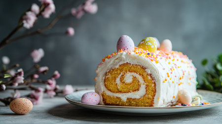 Easter carrot roll cake with creamy swirls, topped with pastel chocolate eggs and sugar sprinkles, served on a vintage plate, concrete backdropの素材