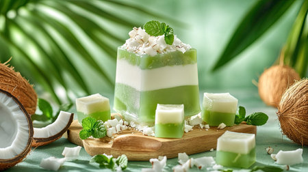 Close-up of pandan coconut dessert, layered jelly cubes and nata de coco, styled with fresh coconut and tropical decor.の素材