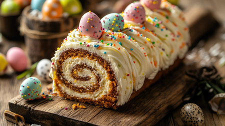 Festive carrot roll cake with swirls of cream cheese frosting, topped with colorful sprinkles and Easter chocolate eggs, stylish food presentationの素材