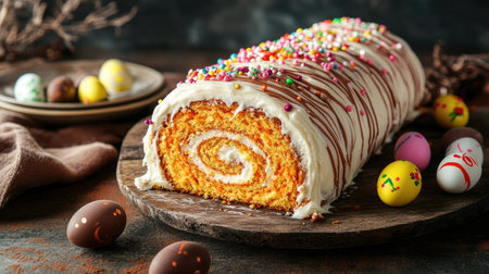 Elegant holiday dessert featuring a classic carrot roll cake with swirled frosting, decorated with festive sprinkles and chocolate eggs, rustic backgroundの素材