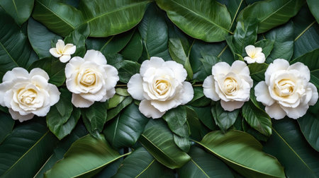 Close-up of Songkran jasmine garland with white roses on green banana leaves, representing Thai traditional decor.の素材