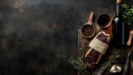 Moody dark background with a rustic wooden table, aged rib eye steak wrapped in burlap, peppercorns, olive oil, and a bold red wine bottle.の素材