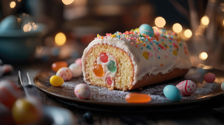 Elegant carrot roll cake with smooth frosting, adorned with pastel chocolate eggs, vibrant jelly carrots, and sugar sprinkles, cozy Easter settingの素材