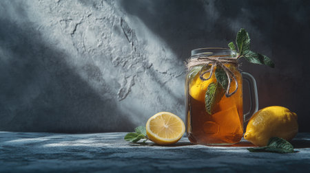 Rustic-style iced tea in a mason jar, tied with twine, fresh lemon and mint beside it, placed on a textured gray surface.の素材