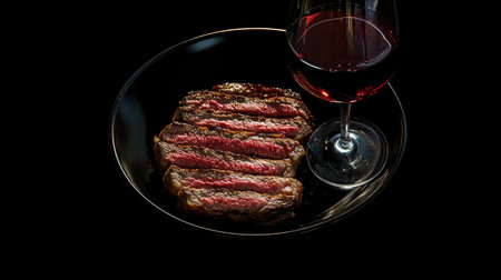 Seared BBQ steak with golden-brown crust, paired with a glass of full-bodied red wine, black background, top-down view.の素材
