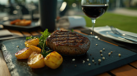 Rustic BBQ steak plated on a black ceramic dish, bold grill marks, accompanied by a glass of fine wine, room for text.の素材