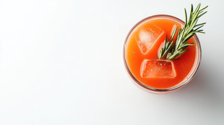 Tomato juice in a clear cup with condensation, garnished with rosemary, white background with space for text.の素材