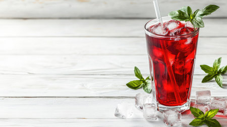 Tomato juice in a tall glass with a drinking straw, ice cubes floating inside, placed on a white wooden background.の素材