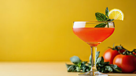 Tomato juice in a stylish cocktail glass, lemon wedge garnish, fresh ingredients placed artistically on a bright background.の素材