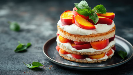 Elegant fruit sandwich with fresh cream and juicy peach slices, neatly arranged on a modern plate, soft natural lightingの素材