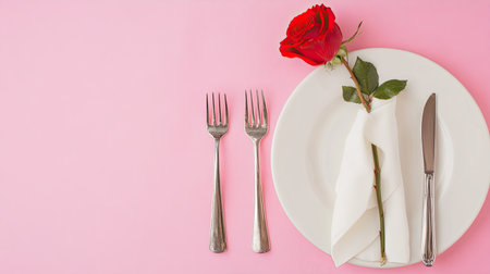 A beautifully arranged wedding dinner table with a red rose, silverware, and a neatly folded napkin on a magenta cloth, pink pastel backdrop.の素材
