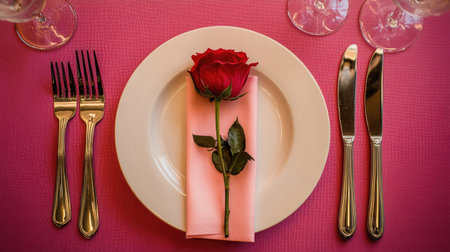 A beautifully arranged wedding dinner table with a red rose, silverware, and a neatly folded napkin on a magenta cloth, pink pastel backdrop.の素材