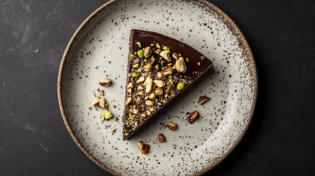A beautifully textured chocolate cake slice with velvety ganache, walnuts, and pistachios, arranged on a speckled ceramic plate.の素材