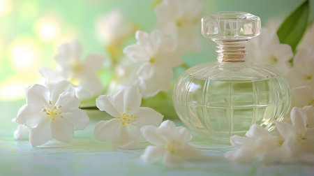 A clean and fresh perfume composition featuring a sleek glass bottle, white jasmine flowers, and a subtle pastel green background.の素材