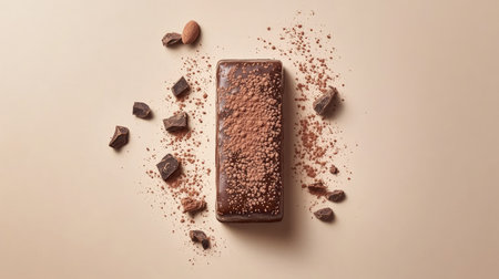 A beautifully textured chocolate bar with cocoa powder dusting, resting on a beige background.の素材