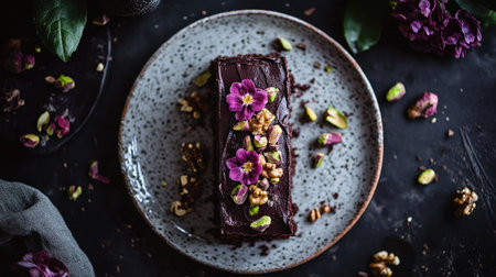 A beautifully textured chocolate cake slice with velvety ganache, walnuts, and pistachios, arranged on a speckled ceramic plate.の素材