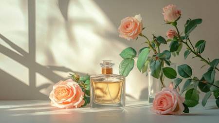 A clear perfume bottle with golden liquid, surrounded by soft pink roses on a neutral light background.の素材