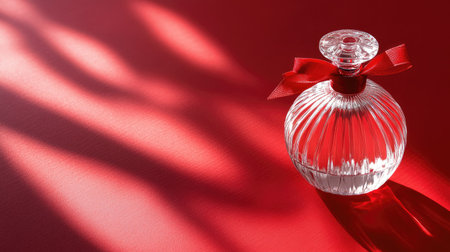 A close-up of a transparent perfume bottle with a red ribbon bow, elegantly displayed on a vibrant red background with delicate shadows.の素材