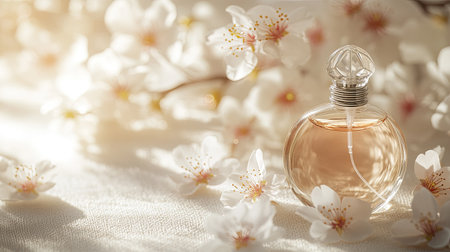 A close-up of a designer perfume bottle with scattered white and blush flowers on a softly textured light surface.の素材
