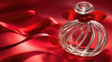 A close-up of a transparent perfume bottle with a red ribbon bow, elegantly displayed on a vibrant red background with delicate shadows.の素材