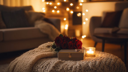 A cozy and romantic Valentine's setting with a ring box, a bouquet of roses, and soft candlelight in a chic living room.の素材