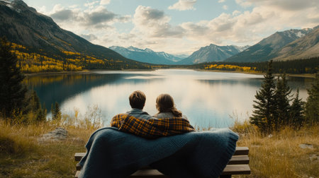 A couple sitting on a bench overlooking a scenic lake, wrapped in a warm blanket, peaceful moment.の素材