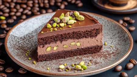 A decadent slice of chocolate cake with silky frosting, garnished with chopped walnuts and pistachios, styled on a ceramic plate with coffee beans.の素材