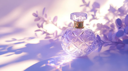 A crystal perfume bottle with a gold-accented cap, soft-focus floral shadows, and elegant daylight reflections on a pastel lilac backdrop.の素材
