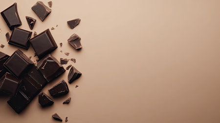 A dark chocolate bar broken into bite-sized squares, scattered across a warm beige surface, copy space.の素材