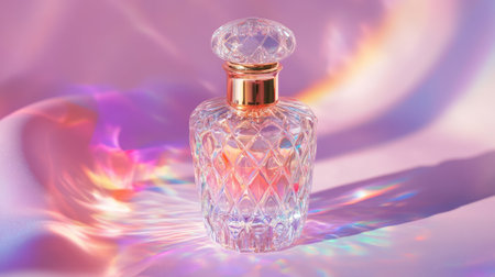 A crystal perfume bottle with a gold-accented cap, soft-focus floral shadows, and elegant daylight reflections on a pastel lilac backdrop.の素材