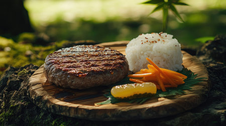 Freshly grilled Hamburg steak with a side of rice and pickled vegetables, served at a Japanese-style campsite, moody natural lightingの素材