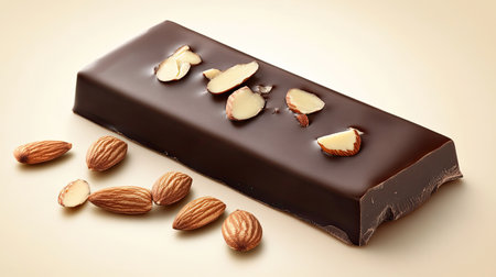 A decadent chocolate bar with almond slivers on a beige backdrop, inviting and irresistible.の素材