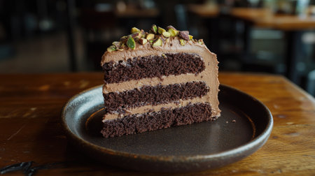 A delectable slice of moist chocolate cake with rich frosting, topped with pistachios and walnuts, served on a handcrafted ceramic plate.の素材