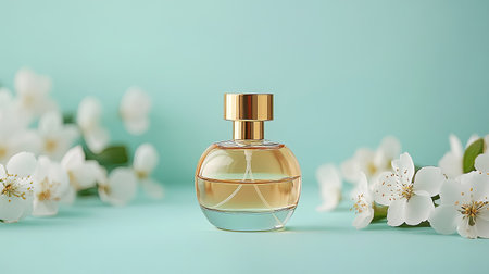 A dreamy perfume setting with a delicate bottle, golden cap, and white blossoms on a pastel-toned background.の素材